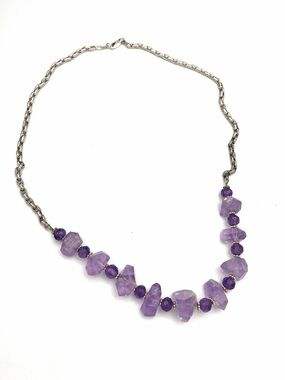 Purple Amethyst Abstract Stone Beads on Italy Sterling Silver Chain Necklace 18”